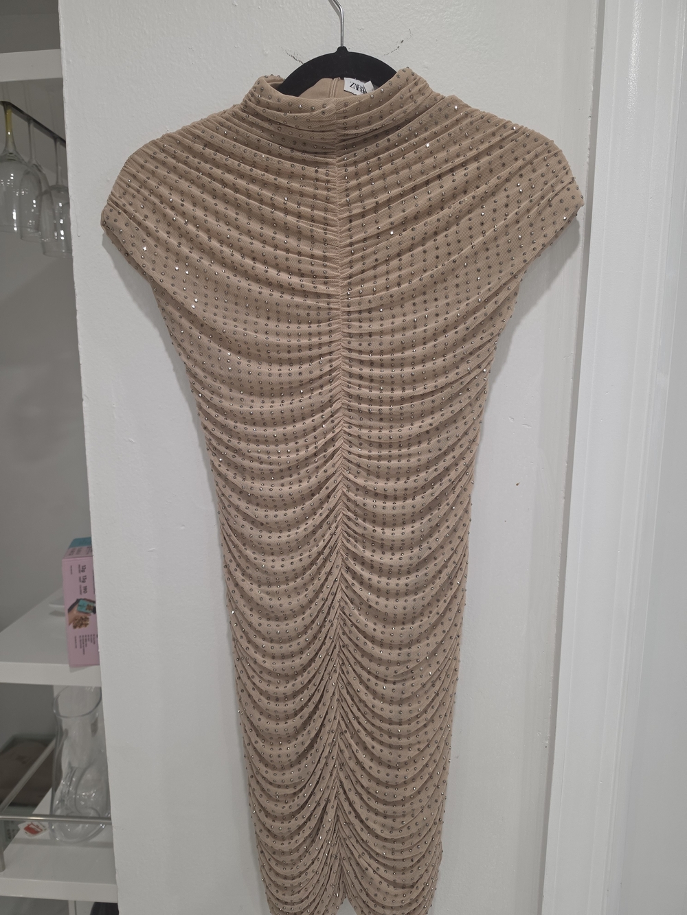 Zara Beige Ruched Sparkle Turtleneck Sweater Dress